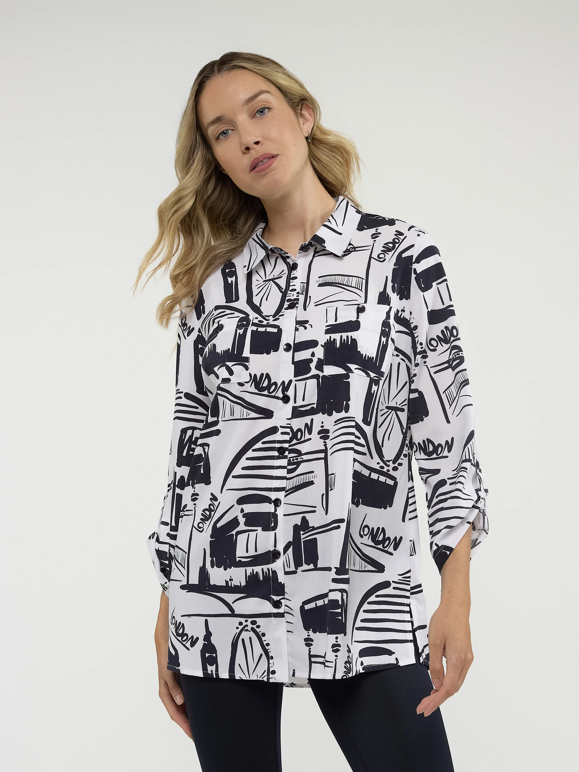 Blouse longueur tunique ample à manches 3/4 avec boutons - Image 10