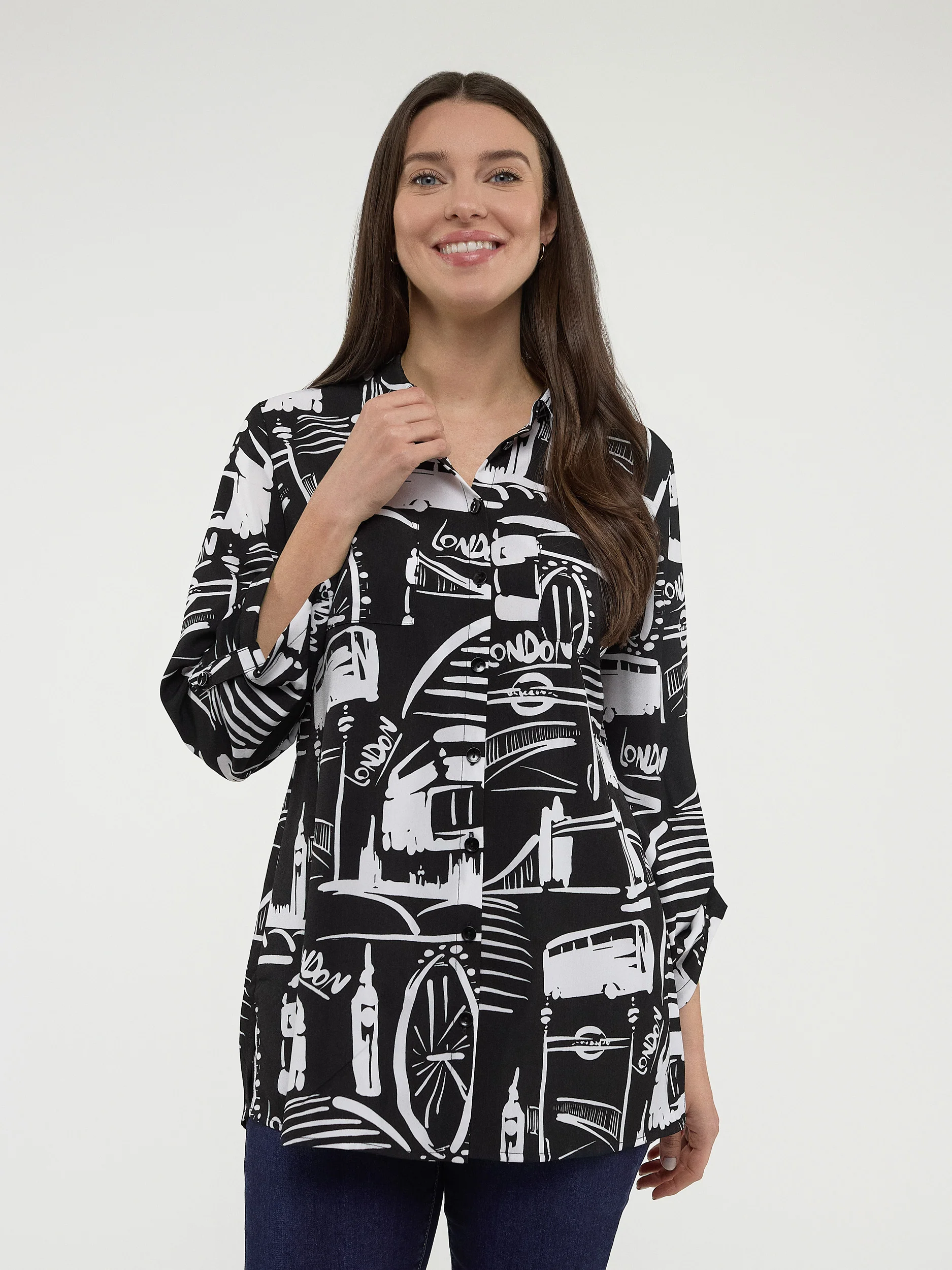 Blouse longueur tunique ample à manches 3/4 avec boutons - Image 5