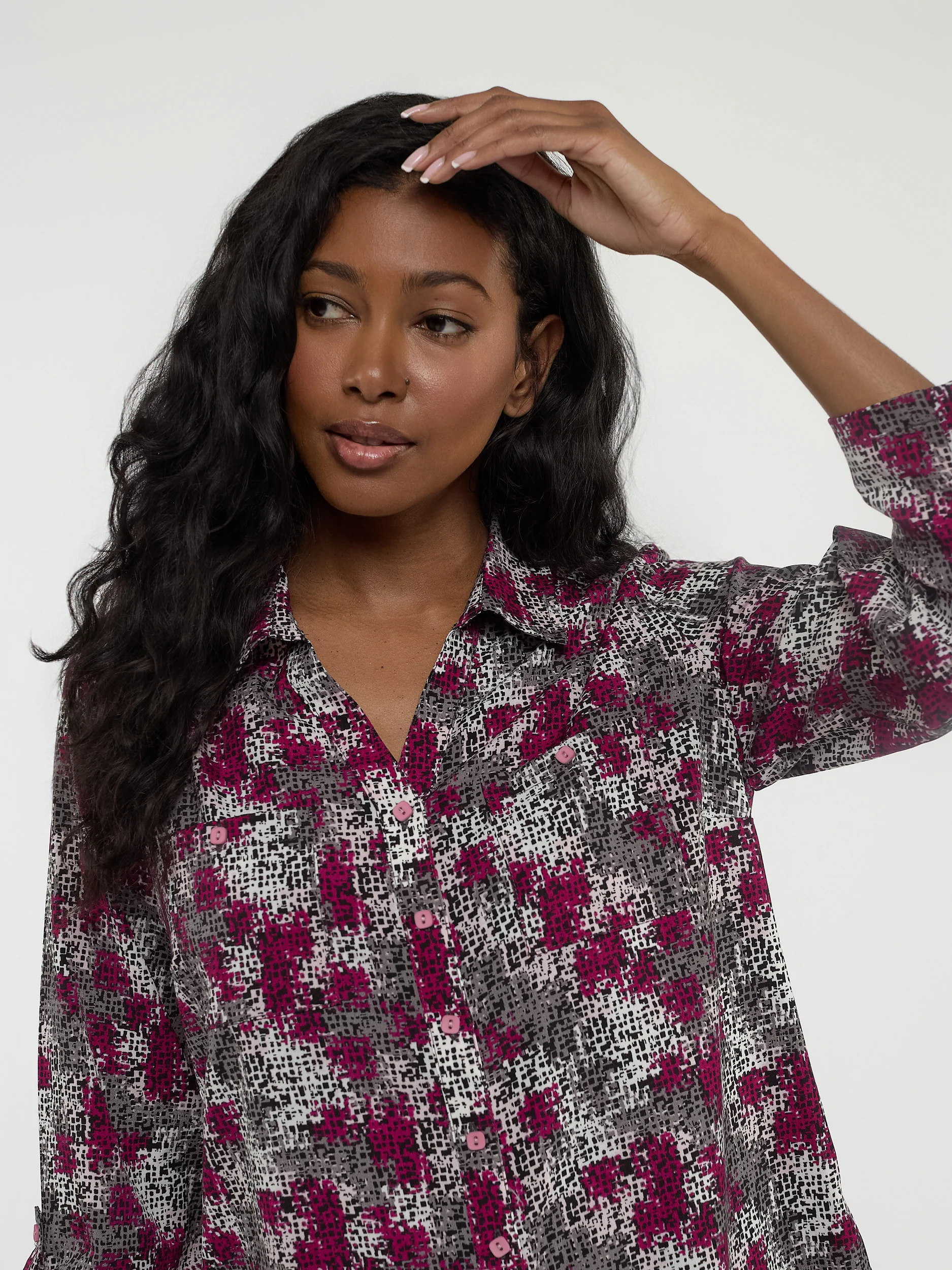 Blouse longueur tunique ample à manches 3/4 avec boutons - Image 2