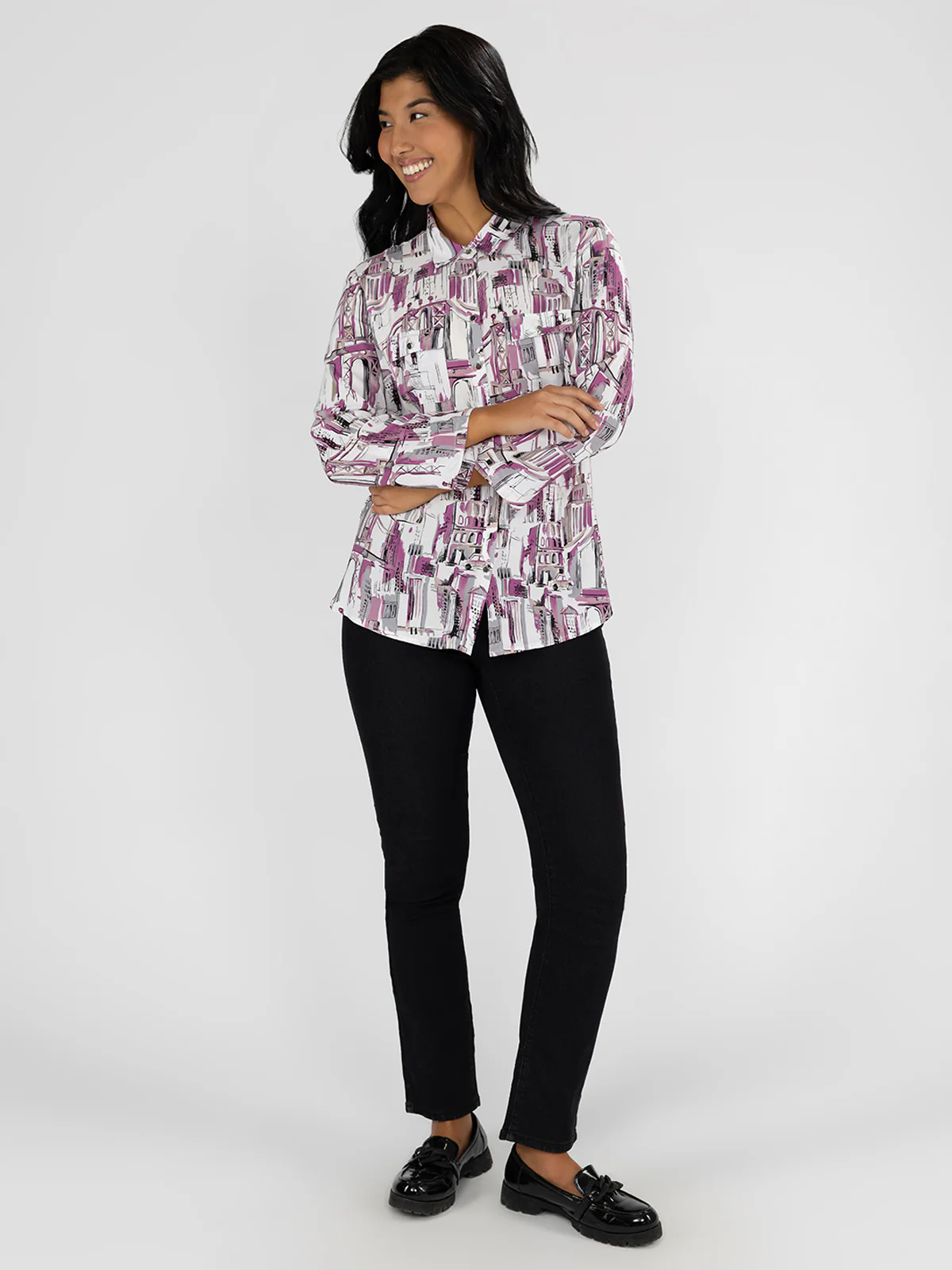 Blouse longueur tunique semi-ajustée à manches 3/4 avec boutons - Image 2