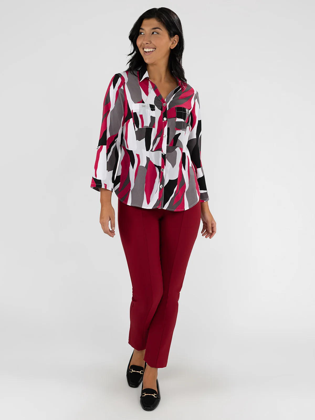 Blouse longueur tunique semi-ajustée à manches 3/4 avec boutons - Image 2