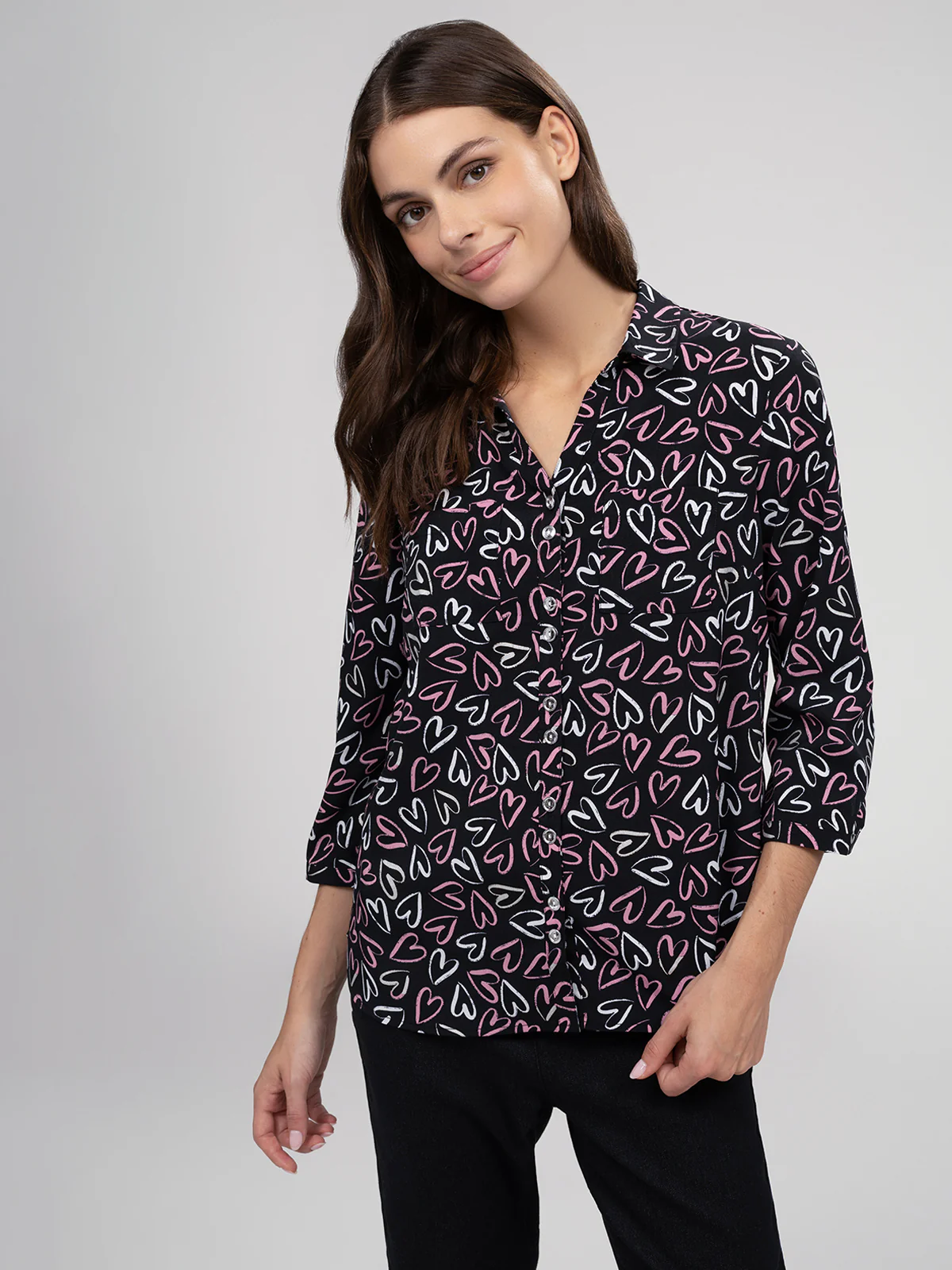 Blouse longueur tunique semi-ajustée à manches 3/4 avec boutons