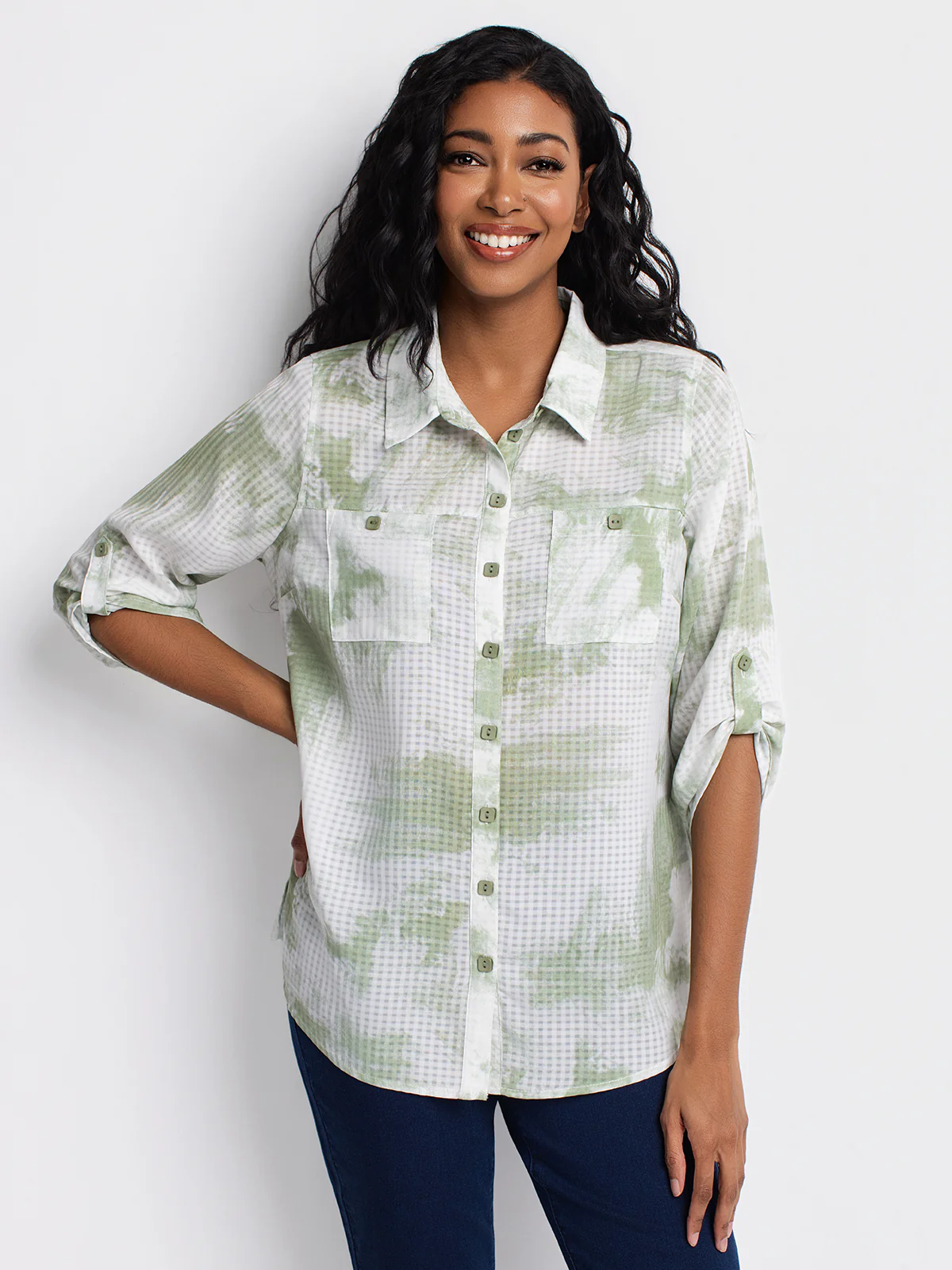 Blouse longueur tunique semi-ajustée à manches 3/4 avec boutons - Image 6
