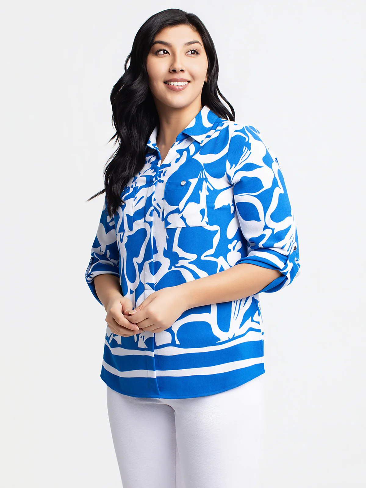 Blouse longueur tunique semi-ajustée à manches 3/4
